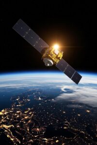 A glowing GPS satellite orbiting Earth high above cloud-covered continents at night