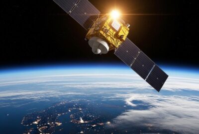 A glowing GPS satellite orbiting Earth high above cloud-covered continents at night