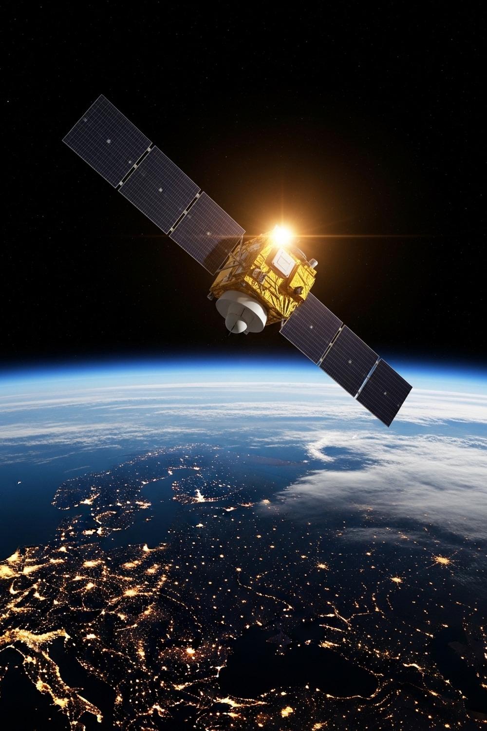 A glowing GPS satellite orbiting Earth high above cloud-covered continents at night