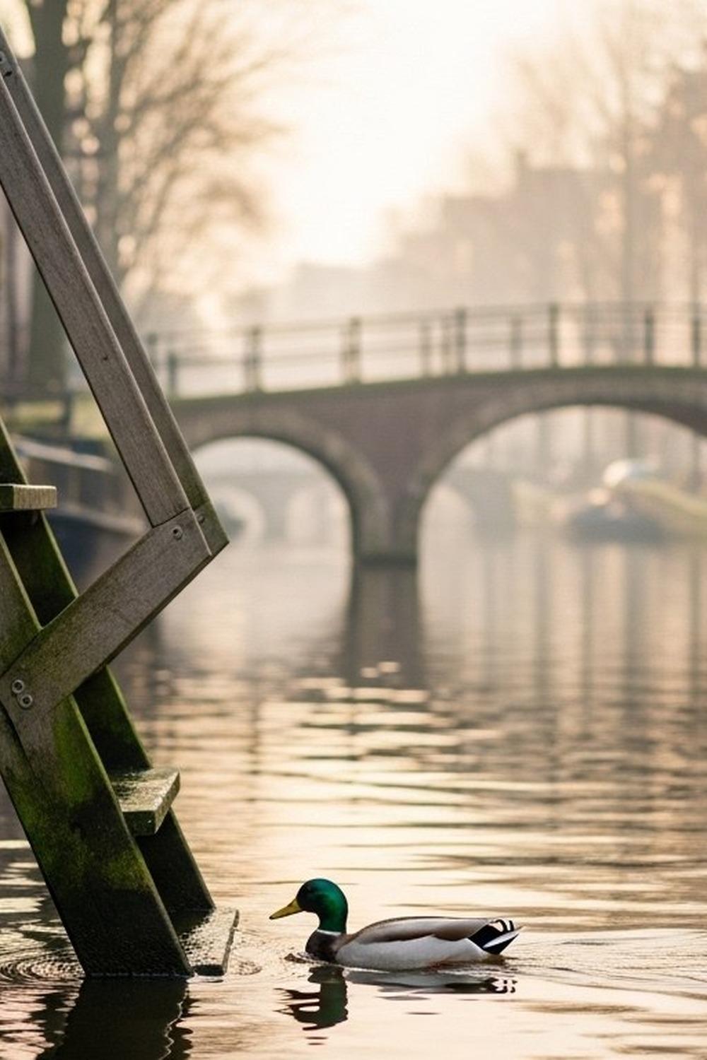 A small wooden staircase bolted to an Amsterdam canal stone wall at water level