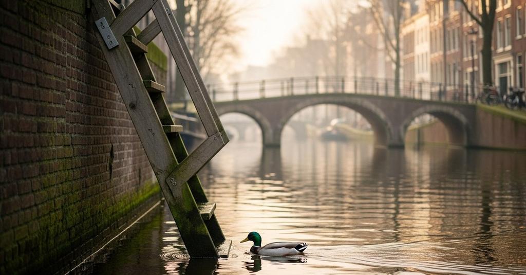 A duck swimming toward a canal exit ladder along a moss-covered stone wall