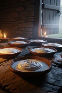 Shallow clay pans of fresh milk resting on cold stone farmhouse floor at dawn