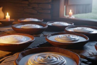 Shallow clay pans of fresh milk resting on cold stone farmhouse floor at dawn