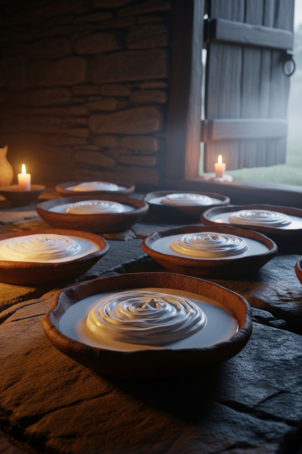 Shallow clay pans of fresh milk resting on cold stone farmhouse floor at dawn