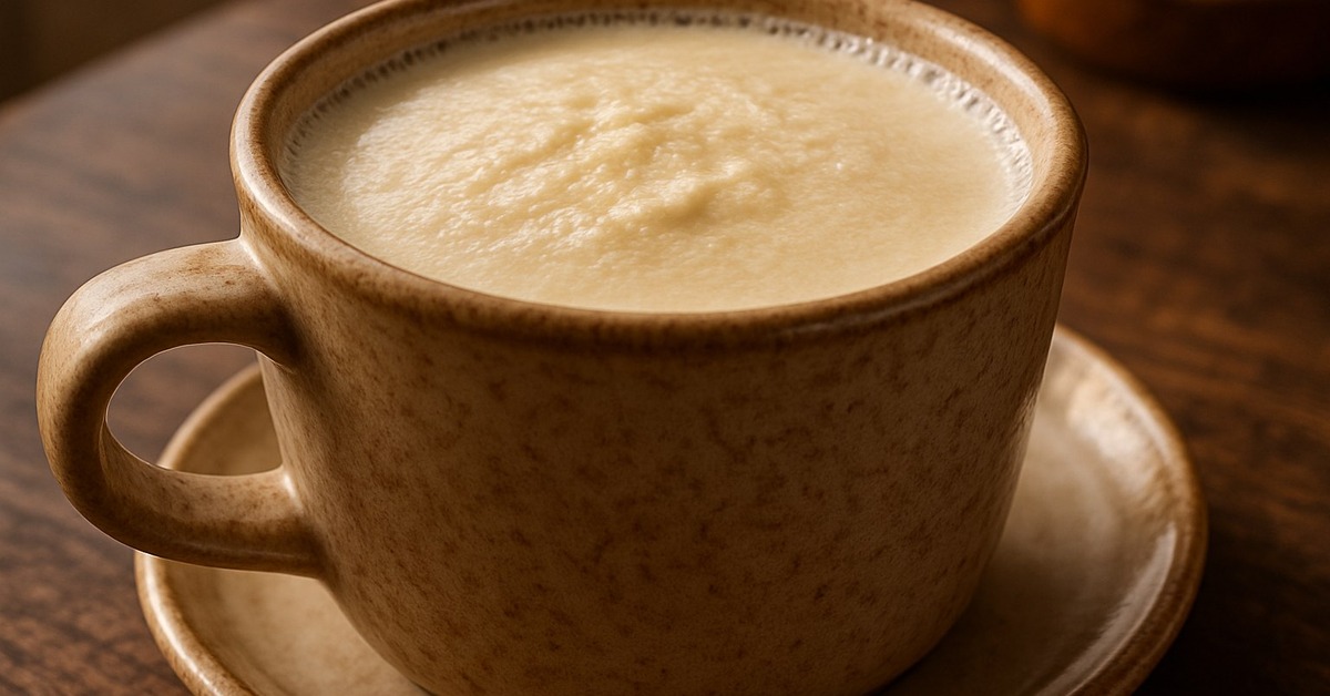 Close-up of thick cream layer rising to surface of raw milk in wooden pan
