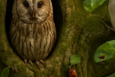 Tawny owl roosting in hollow ancient oak surrounded by woodland wildlife