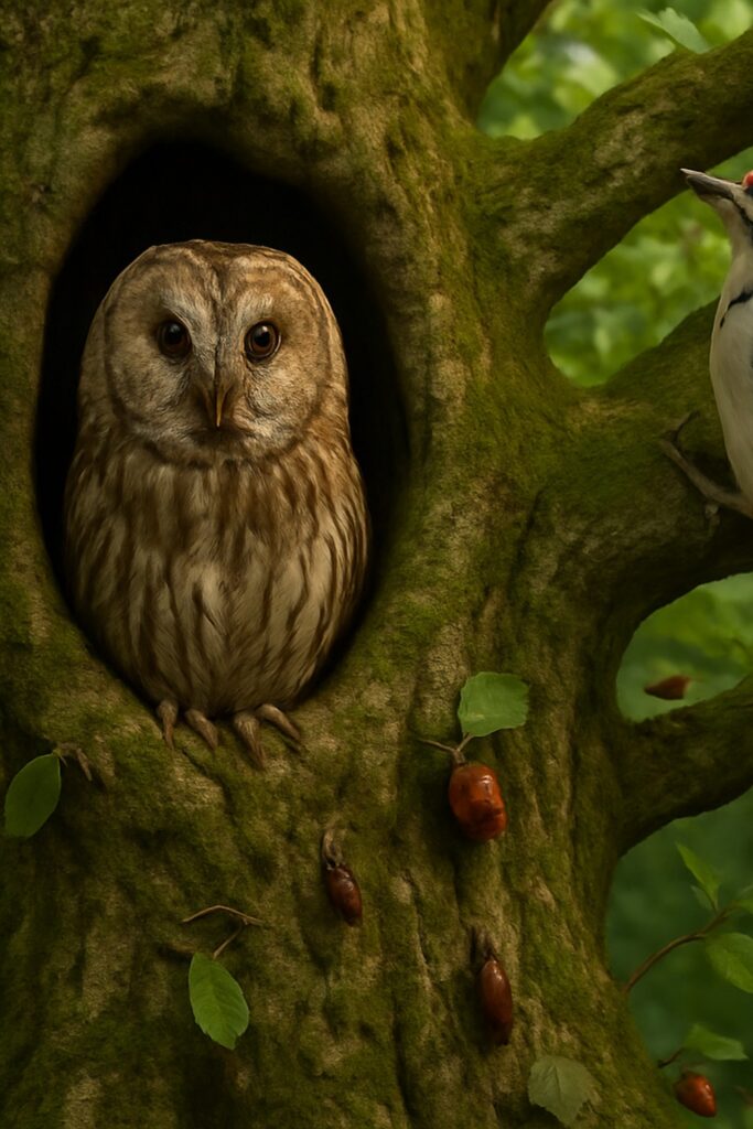 Tawny owl roosting in hollow ancient oak surrounded by woodland wildlife