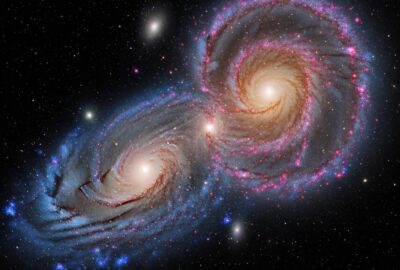 Two massive spiral galaxies colliding in deep space with blazing star formation clouds