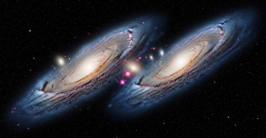 Simulated view of Andromeda galaxy looming enormous over a future night sky