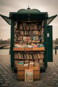 Weathered children's book open on a Parisian bouquiniste stall beside the Seine river