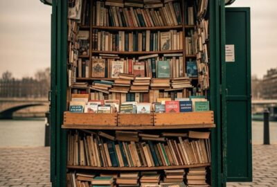 Weathered children's book open on a Parisian bouquiniste stall beside the Seine river
