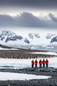 A small group of expedition tourists walking carefully across Antarctic ice near a penguin colony