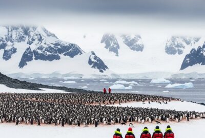 A small group of expedition tourists walking carefully across Antarctic ice near a penguin colony