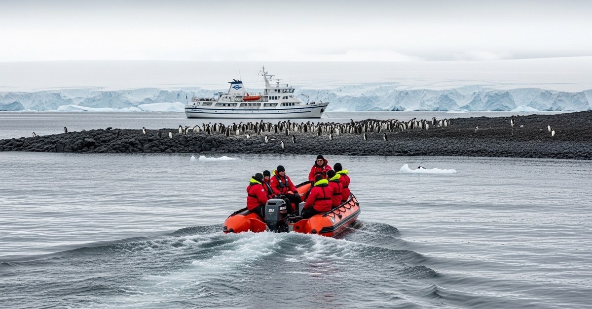 A lone expedition ship dwarfed by massive Antarctic icebergs in the Southern Ocean
