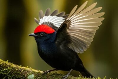 Male Araripe Manakin with crimson crown and white wings perched on a branch in Brazil