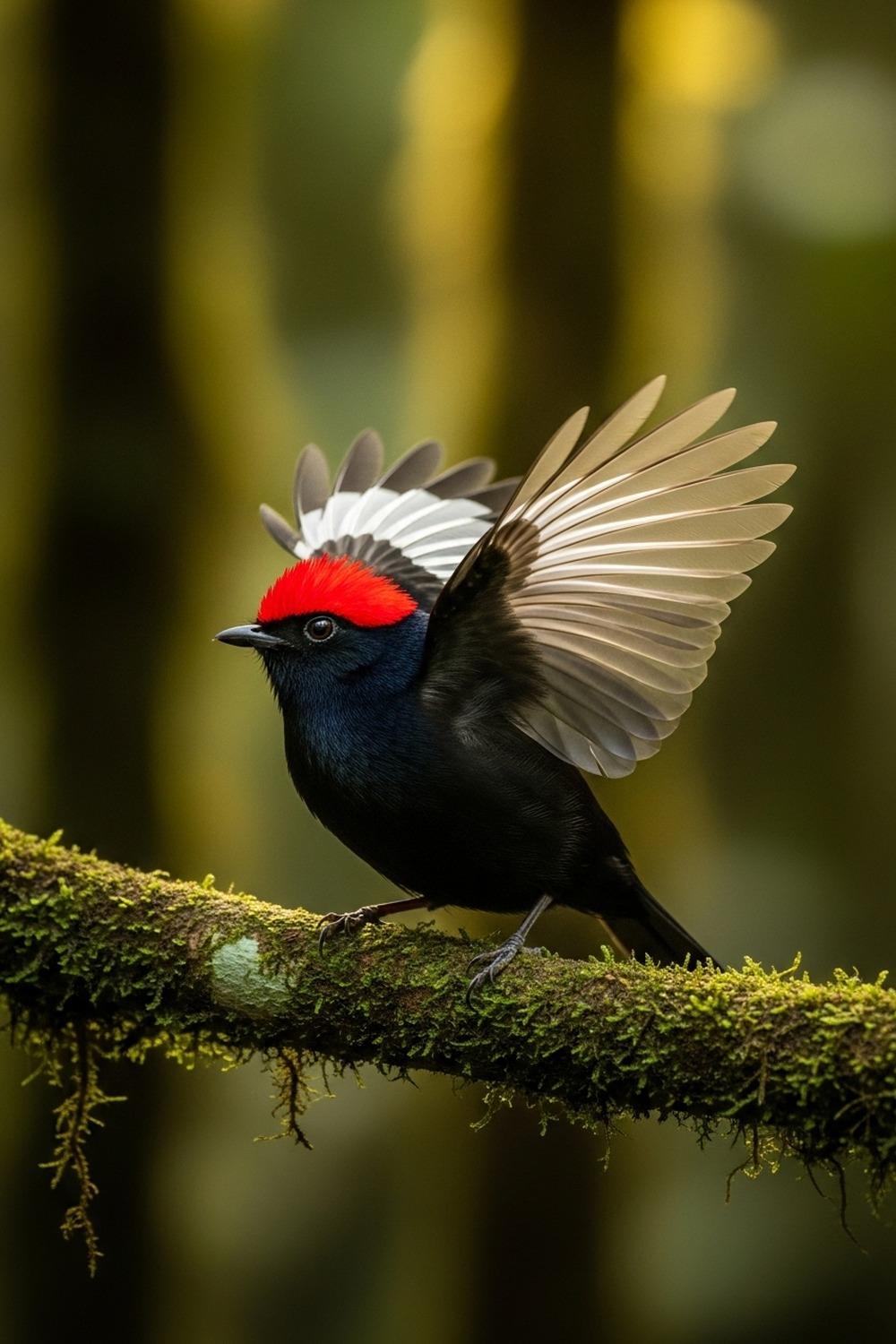 Male Araripe Manakin with crimson crown and white wings perched on a branch in Brazil