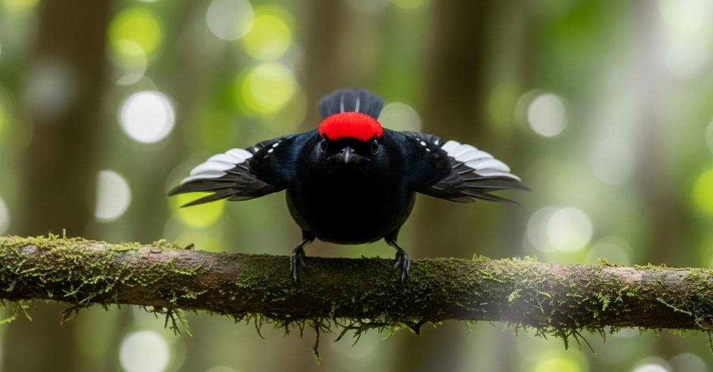 Araripe Manakin mid-courtship dance flashing brilliant white wings in dense forest
