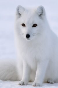 White Arctic fox with amber eyes sitting alert in a vast open snowfield