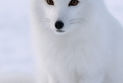 White Arctic fox with amber eyes sitting alert in a vast open snowfield