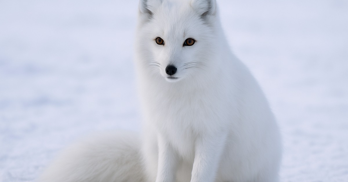 Arctic fox low angle side profile trotting through deep snow on furred paws