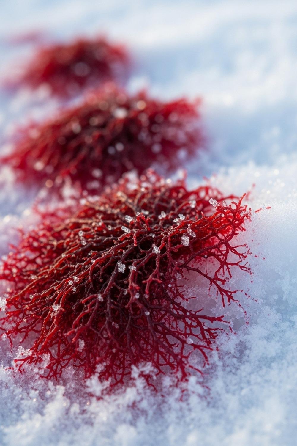 Vivid crimson red algae bloom spreading across bright white Arctic snow surface