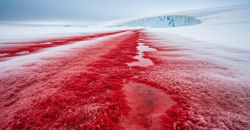 Close-up of watermelon snow pink pigmentation on alpine mountain snowfield at altitude