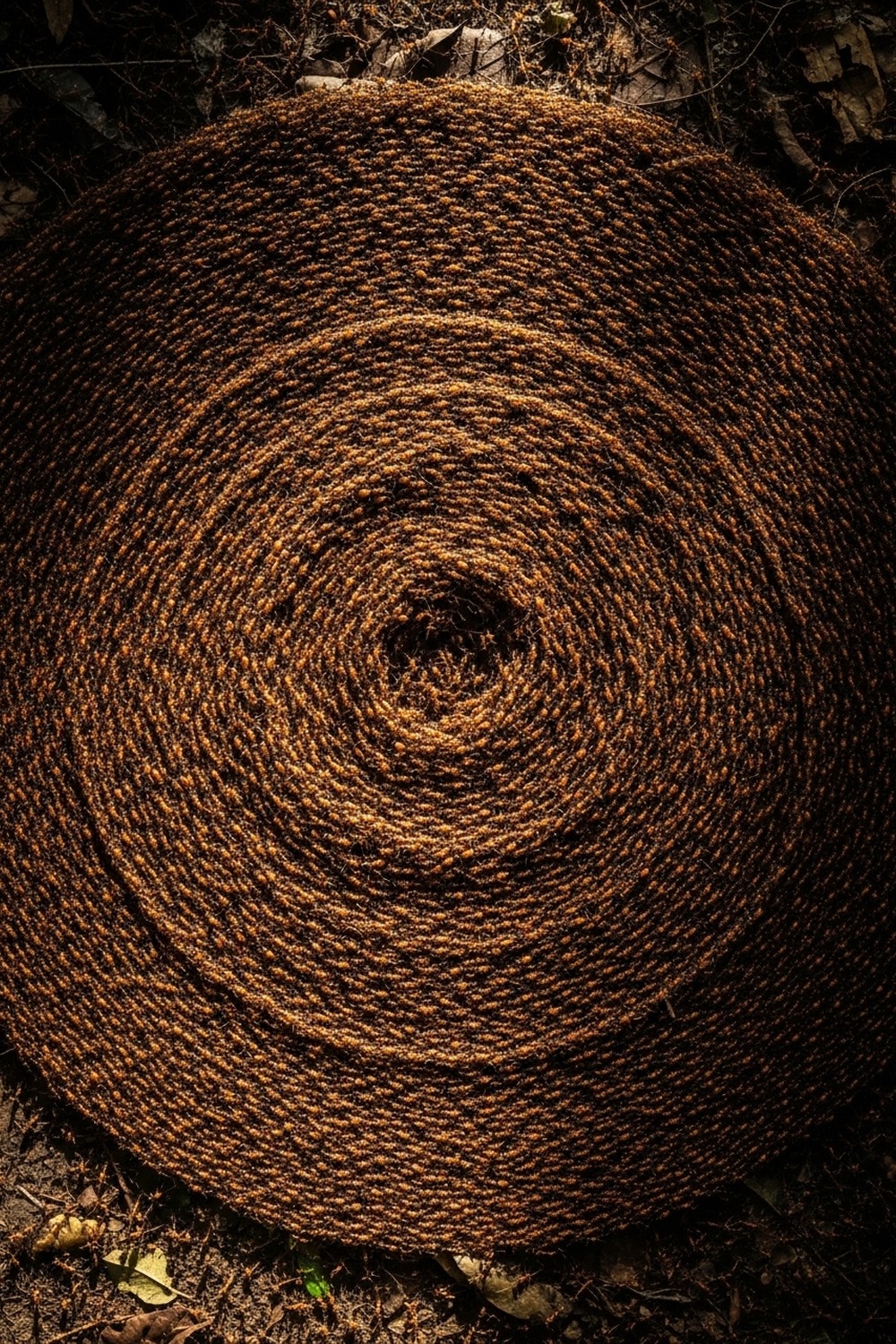 Thousands of army ants forming a massive rotating spiral circle on a rainforest floor