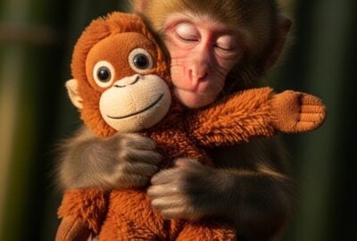 Tiny baby Japanese macaque clinging tightly to a plush stuffed orangutan toy