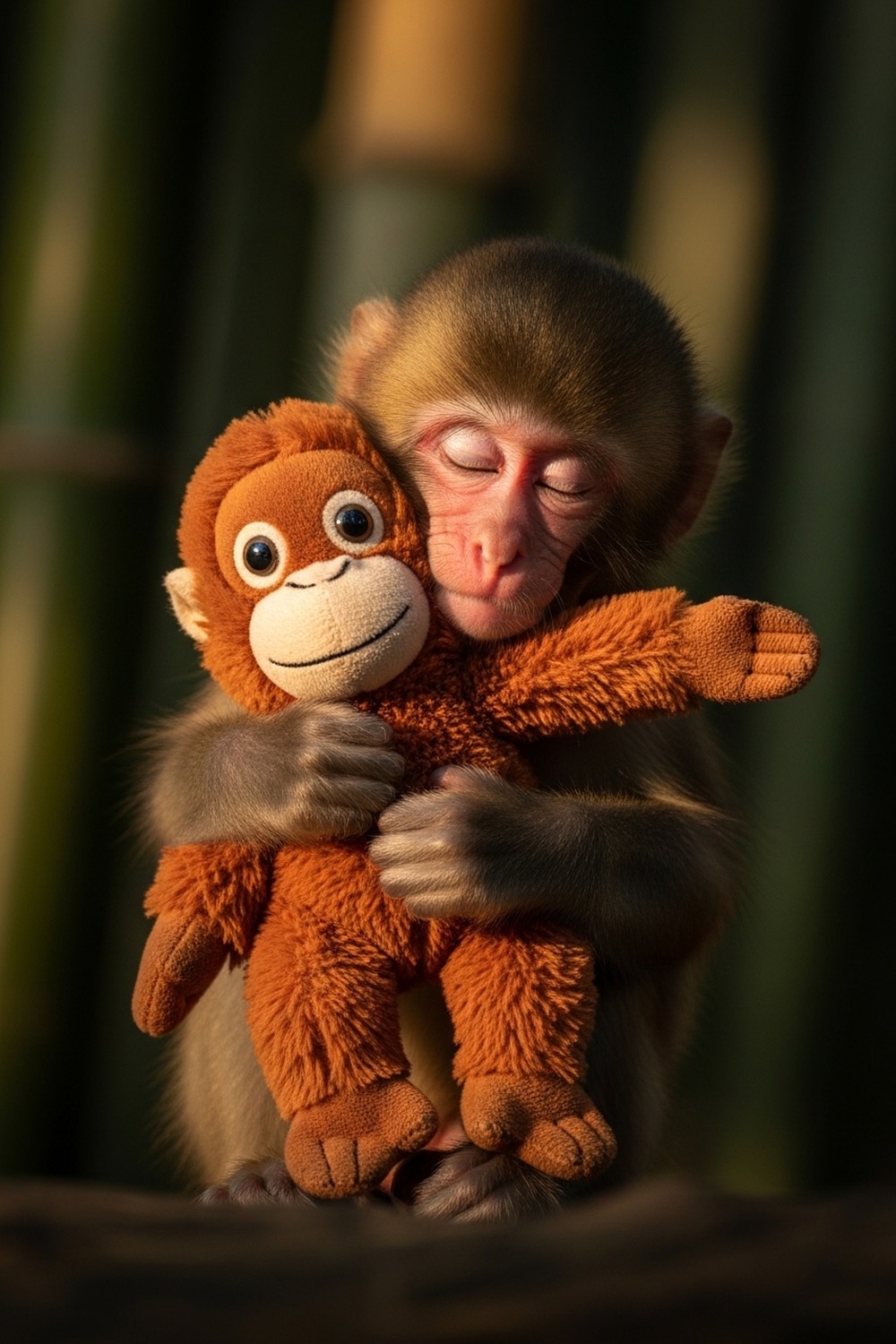 Tiny baby Japanese macaque clinging tightly to a plush stuffed orangutan toy