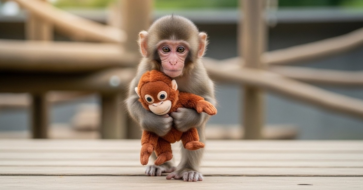 Young Japanese macaque being gently groomed by a juvenile troop member outdoors