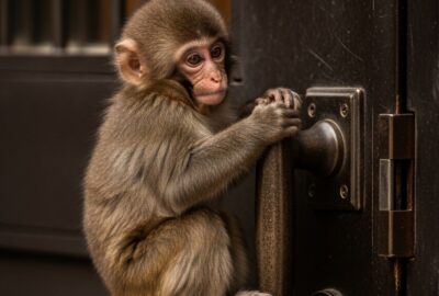 Tiny baby Japanese macaque gripping a door handle with both small hands determined to escape