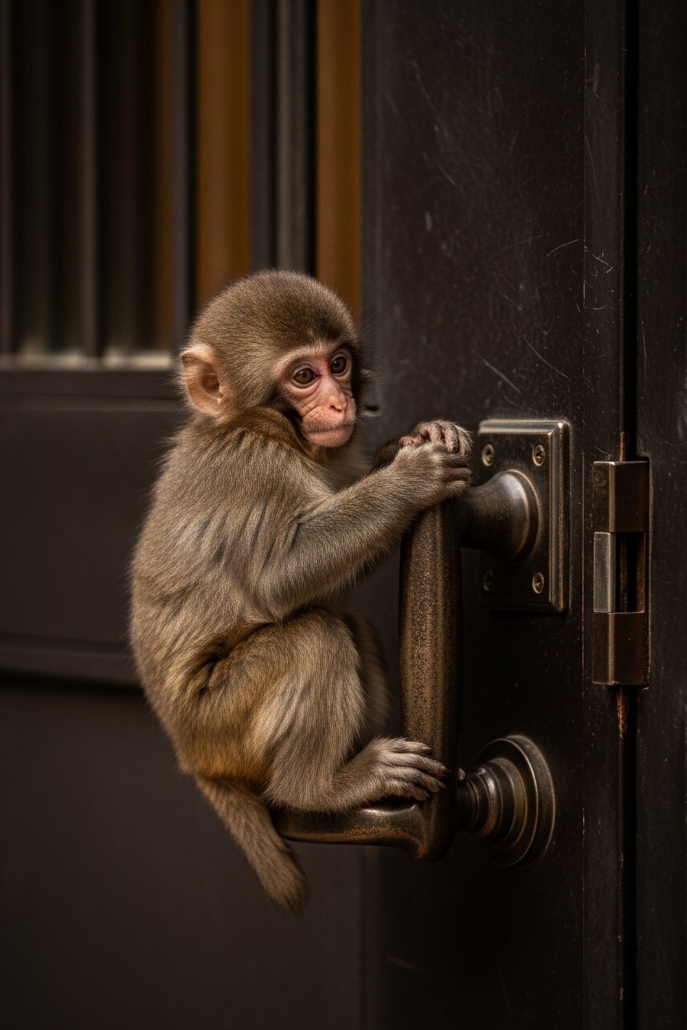 Tiny baby Japanese macaque gripping a door handle with both small hands determined to escape