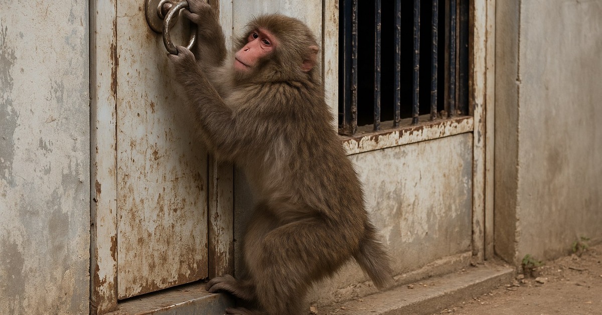 Rejected baby macaque curled beside a soft plush doll surrogate in a zoo enclosure