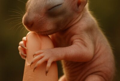 Tiny baby squirrel clinging to a human hand in soft natural light