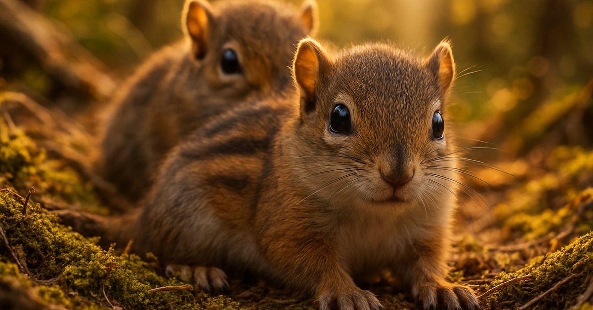 Newborn squirrel kitten curled in a warm nest of leaves outdoors
