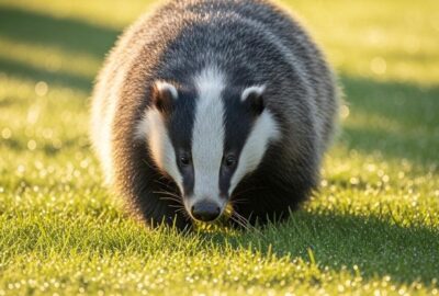 A European badger foraging purposefully across a sunlit garden in spring
