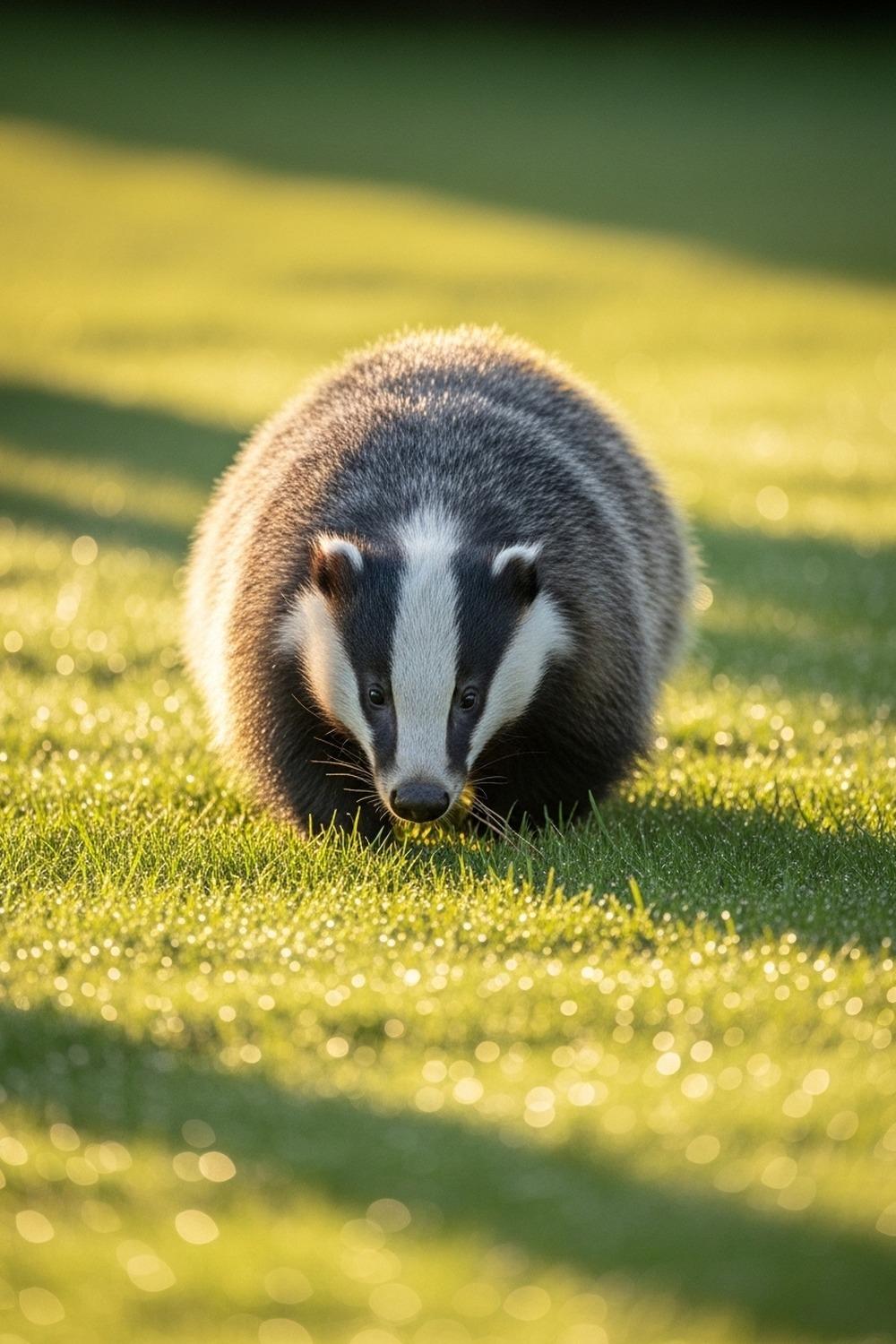 A European badger foraging purposefully across a sunlit garden in spring