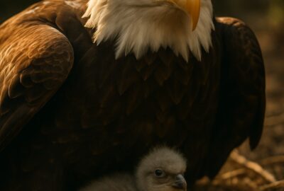 Flightless bald eagle spreading wings protectively over a small eaglet in a ground nest