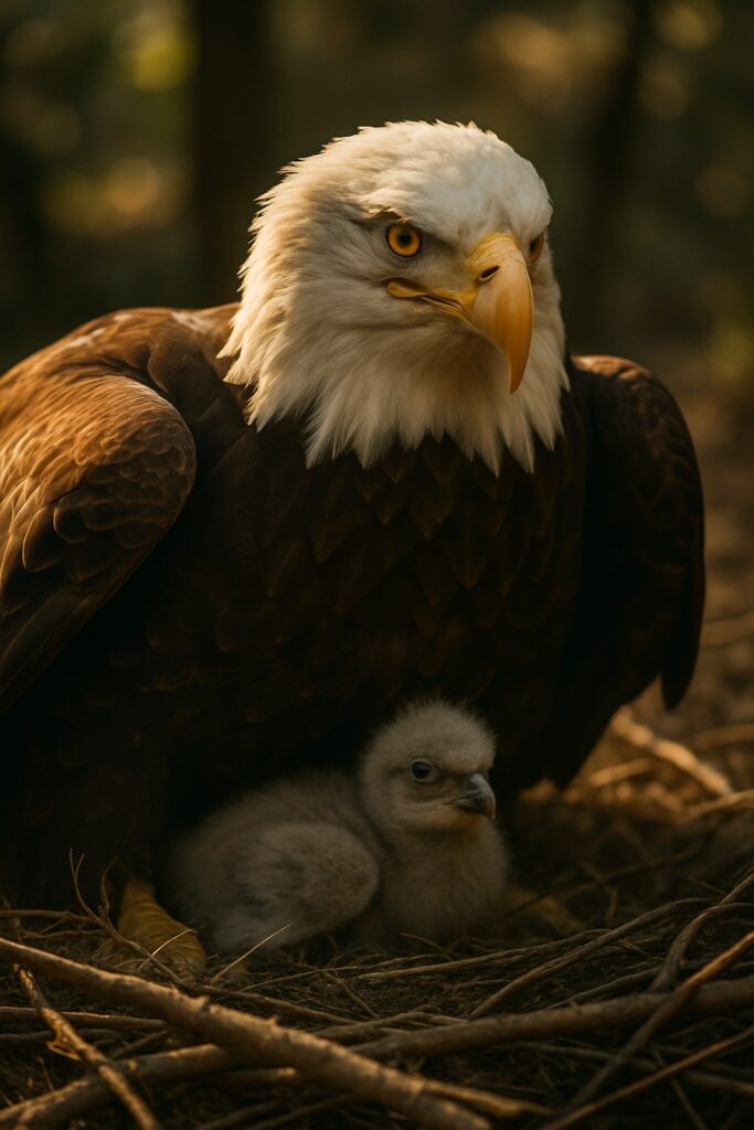 Flightless bald eagle spreading wings protectively over a small eaglet in a ground nest