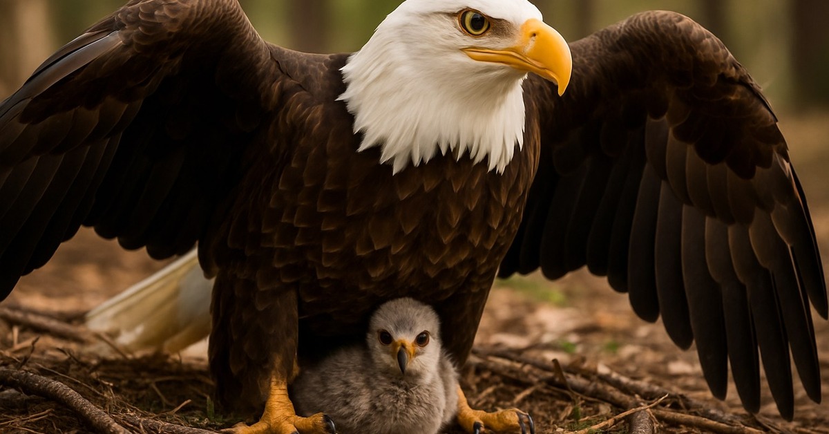 Close-up of a bald eagle gazing down tenderly at a fluffy eaglet nestled beneath him