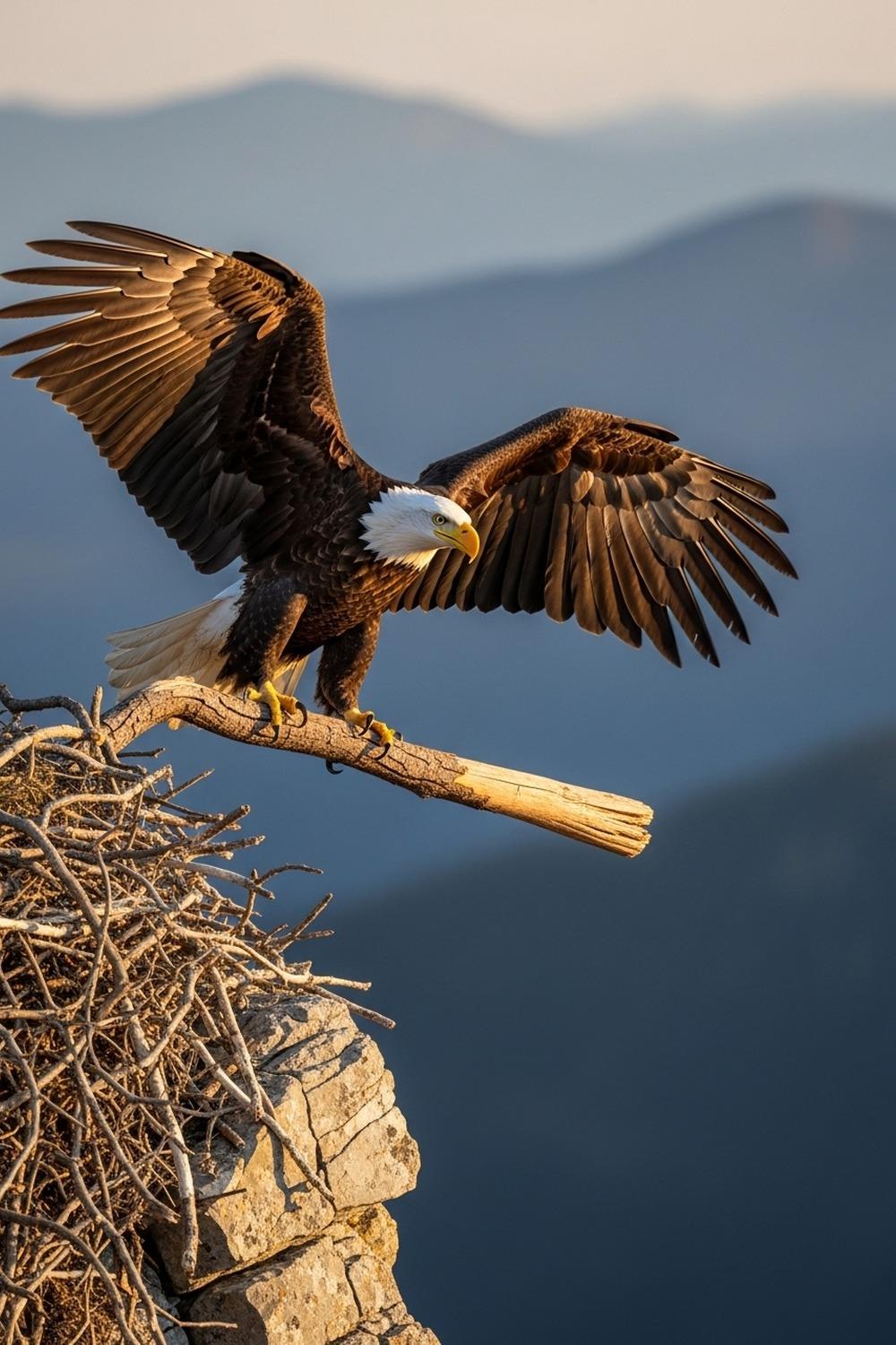 Bald eagle landing on massive nest with large branch gripped in talons