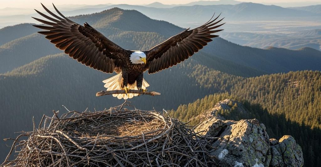 Female bald eagle weaving branches along the rim of a towering mountain eyrie