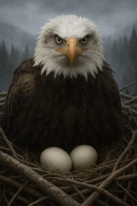 Bald eagle incubating eggs in a massive nest high in the San Bernardino Mountains