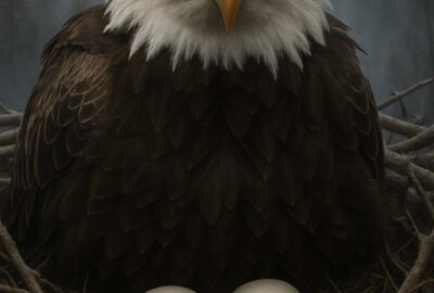 Bald eagle incubating eggs in a massive nest high in the San Bernardino Mountains