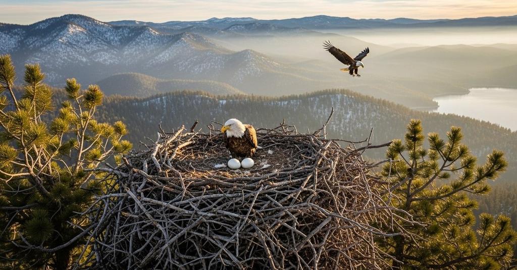 Two bald eagles perched together on a giant stick nest above a mountain lake