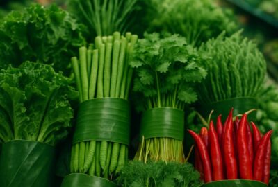 Fresh vegetables wrapped in bright green banana leaves at a Thai supermarket
