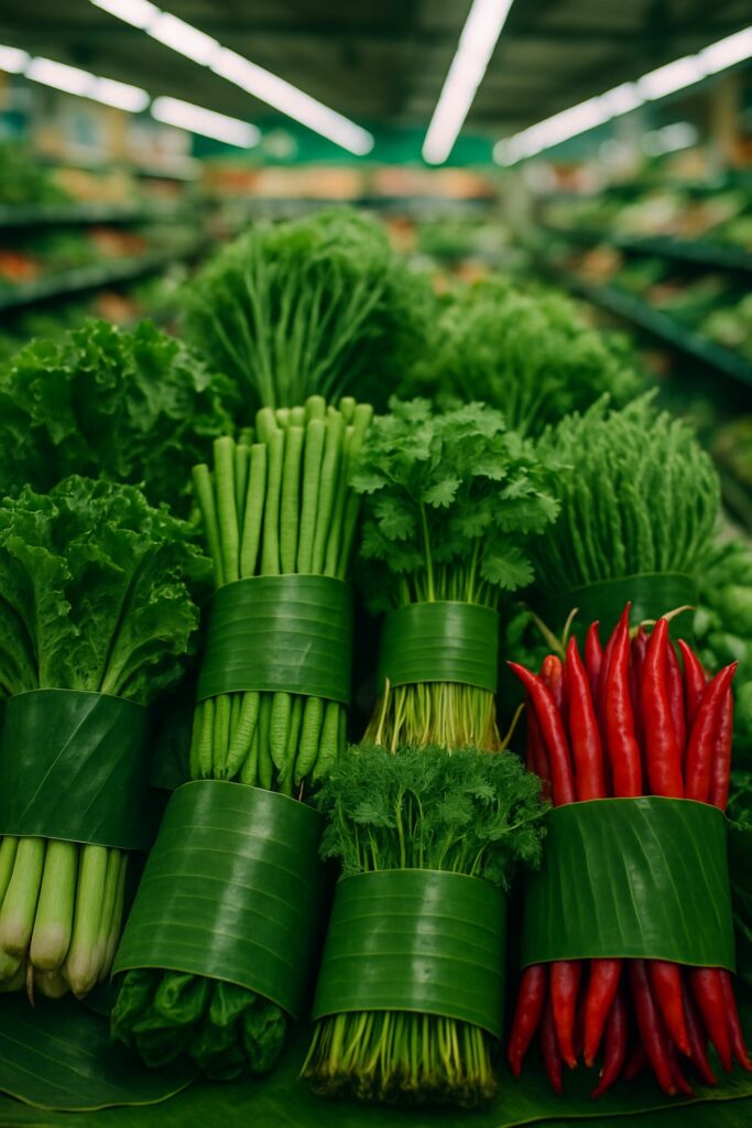 Fresh vegetables wrapped in bright green banana leaves at a Thai supermarket