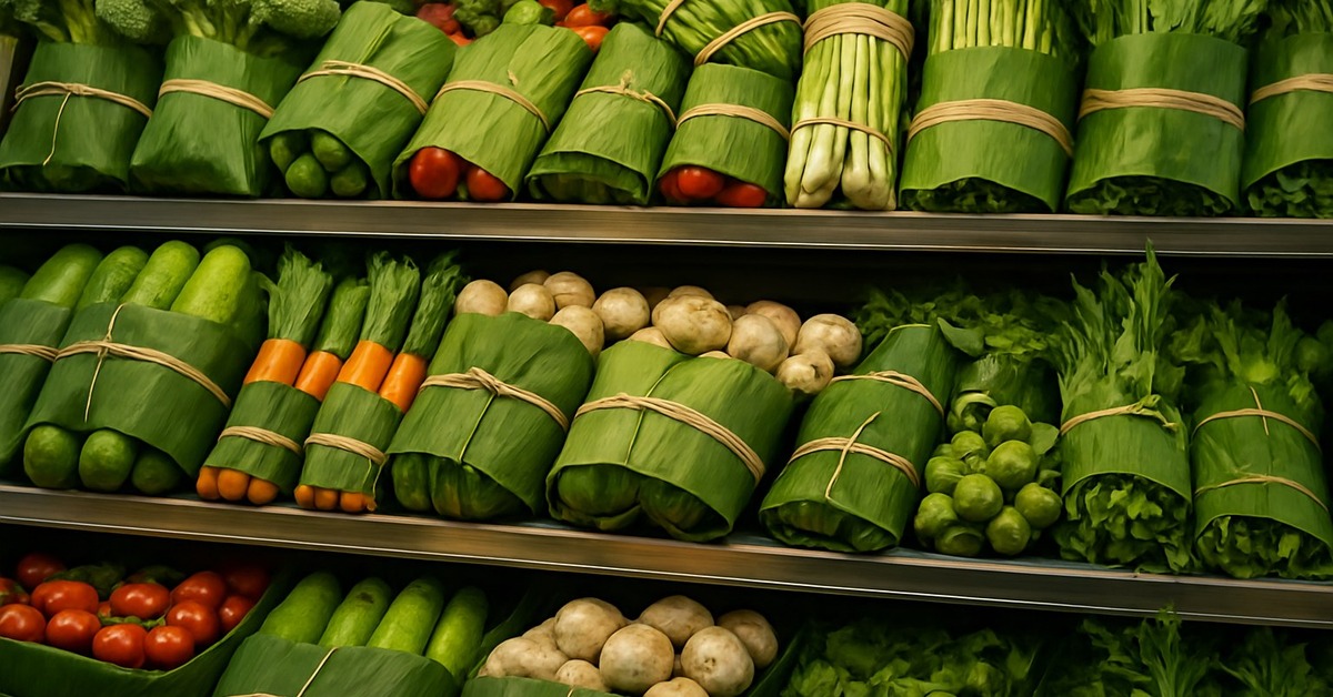 Close-up of a banana plant leaf being folded around market produce in Thailand
