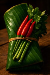 Fresh vegetables wrapped in glossy green banana leaves at a Thai supermarket display