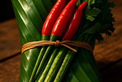 Fresh vegetables wrapped in glossy green banana leaves at a Thai supermarket display
